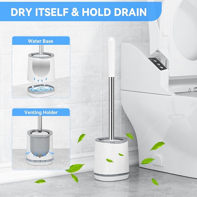 Toilet Brush and Holder Set, Bristles Toilet Bowl Brush Head with Ventilated Holder, Wall Mounted Compact Toilet Brush Set for Bathroom Deep Cleaning (1, White)
